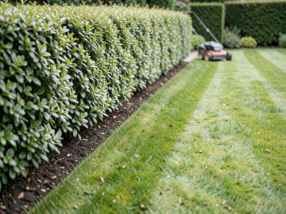 Frisch geschnittene Hecke und gemähter Rasen in einem gepflegten Garten
